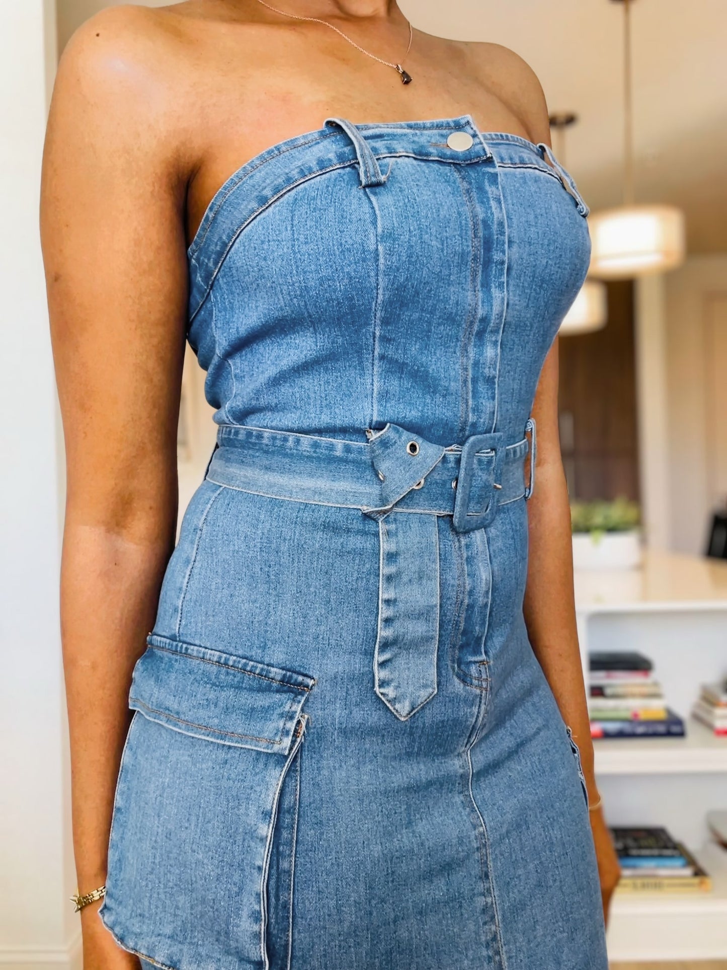Cargo Denim Strapless Dress With Belt