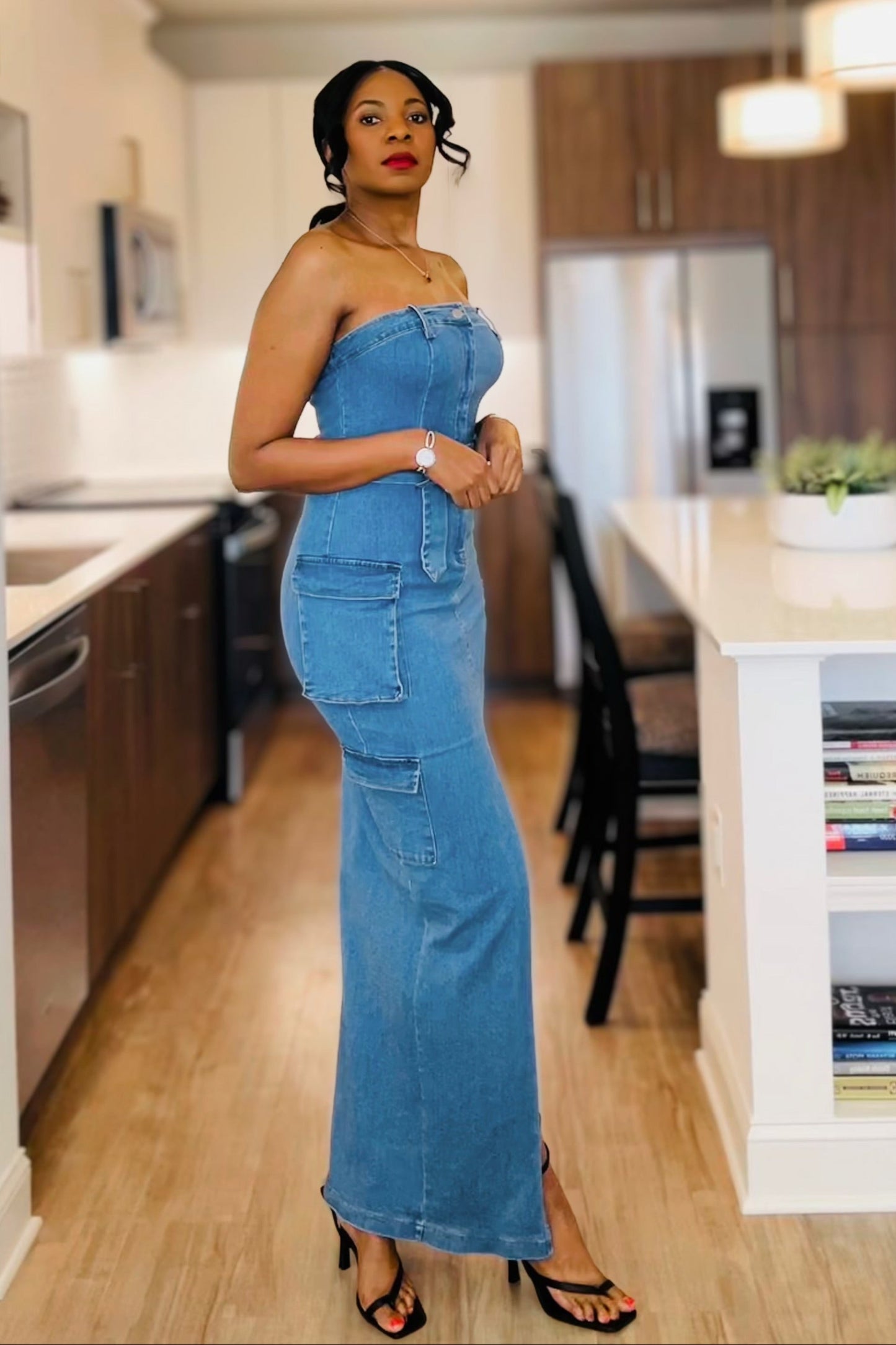 Cargo Denim Strapless Dress With Belt