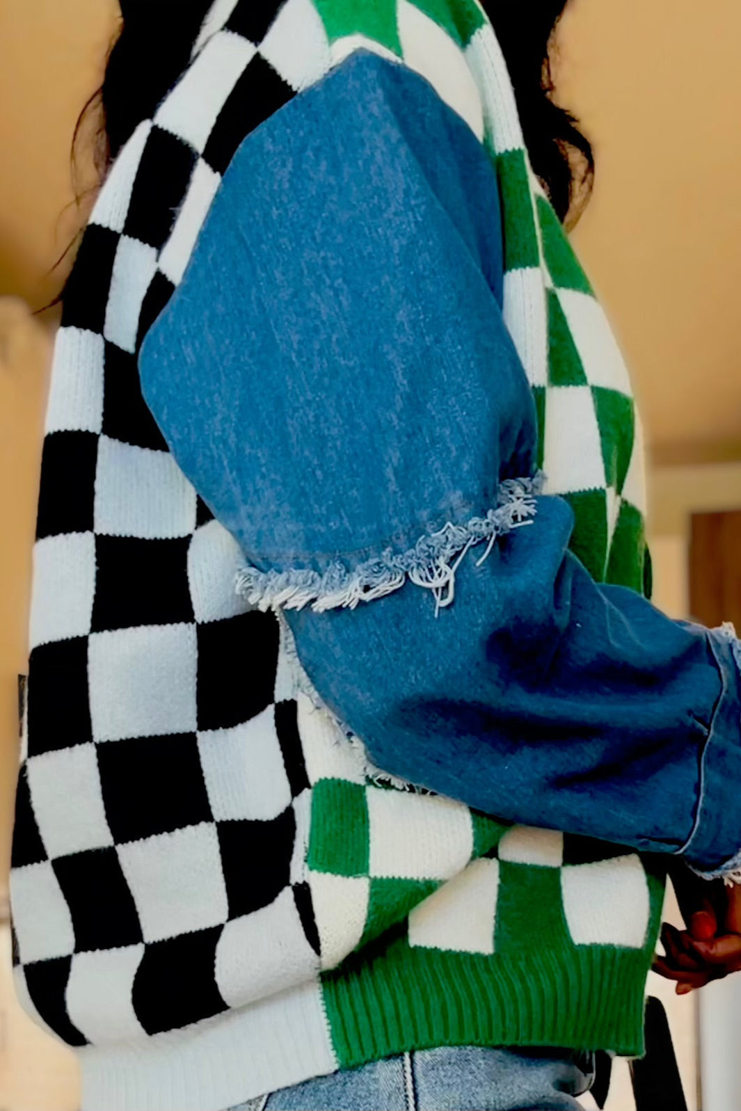 Checkered And Denim Cardigan
