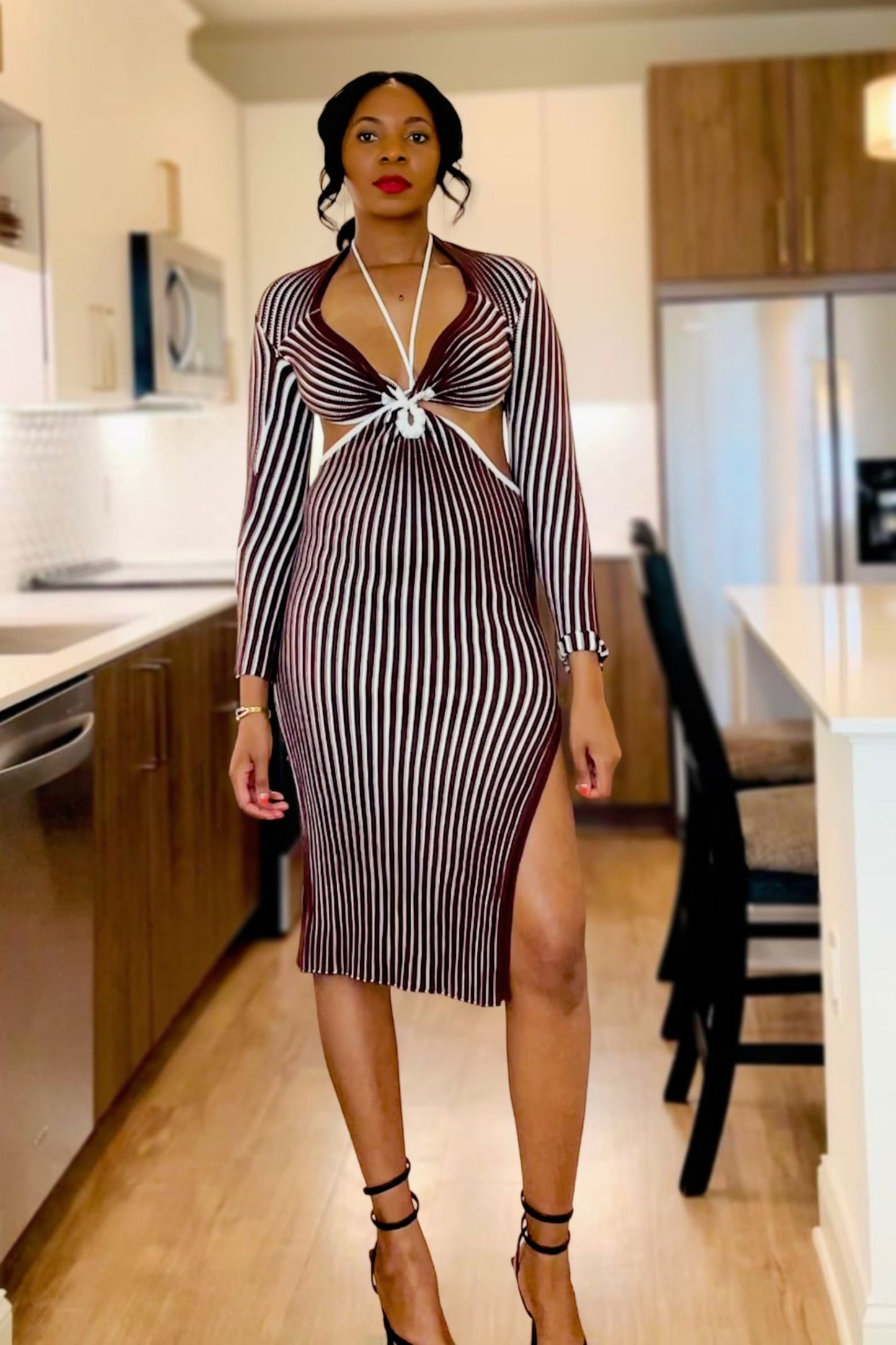Koko Brown Long Sleeve Cutout Maxi Knit Dress.