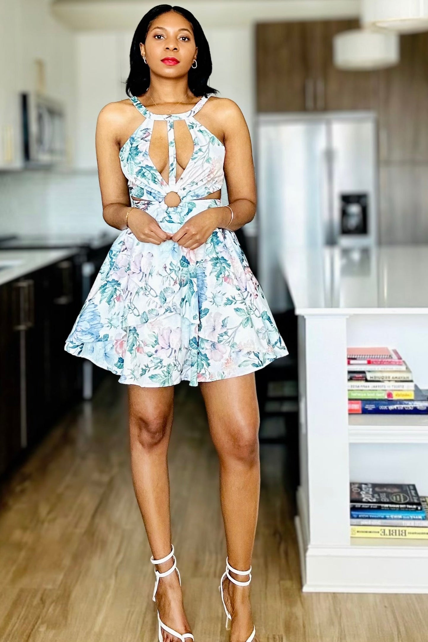 Jacard Cut out floral Mini Dress