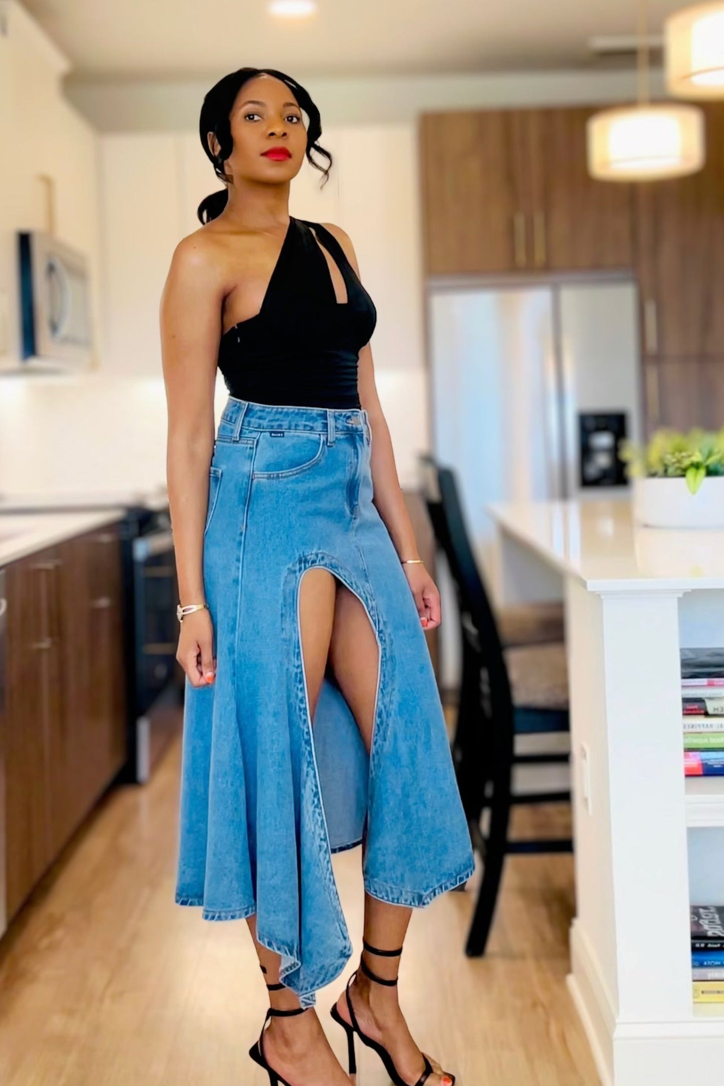 Asymmetrical Denim Skirt With Front Slit