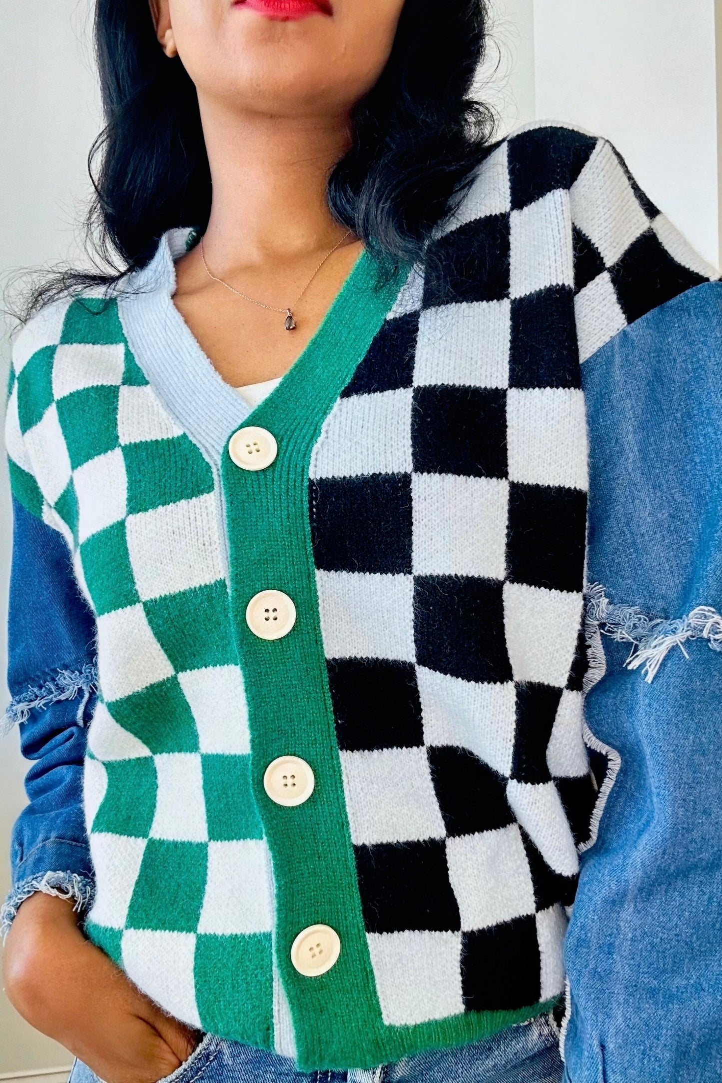 Checkered And Denim Cardigan