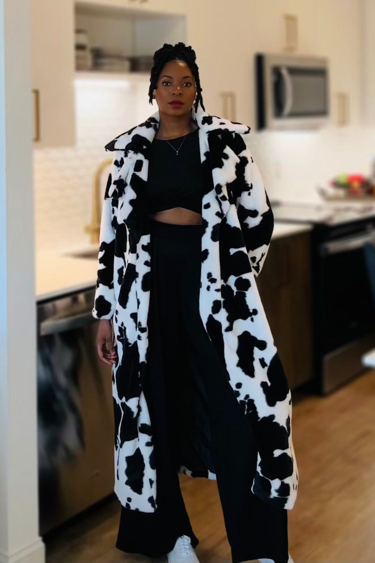 Chic Black And White Cow Print Coat