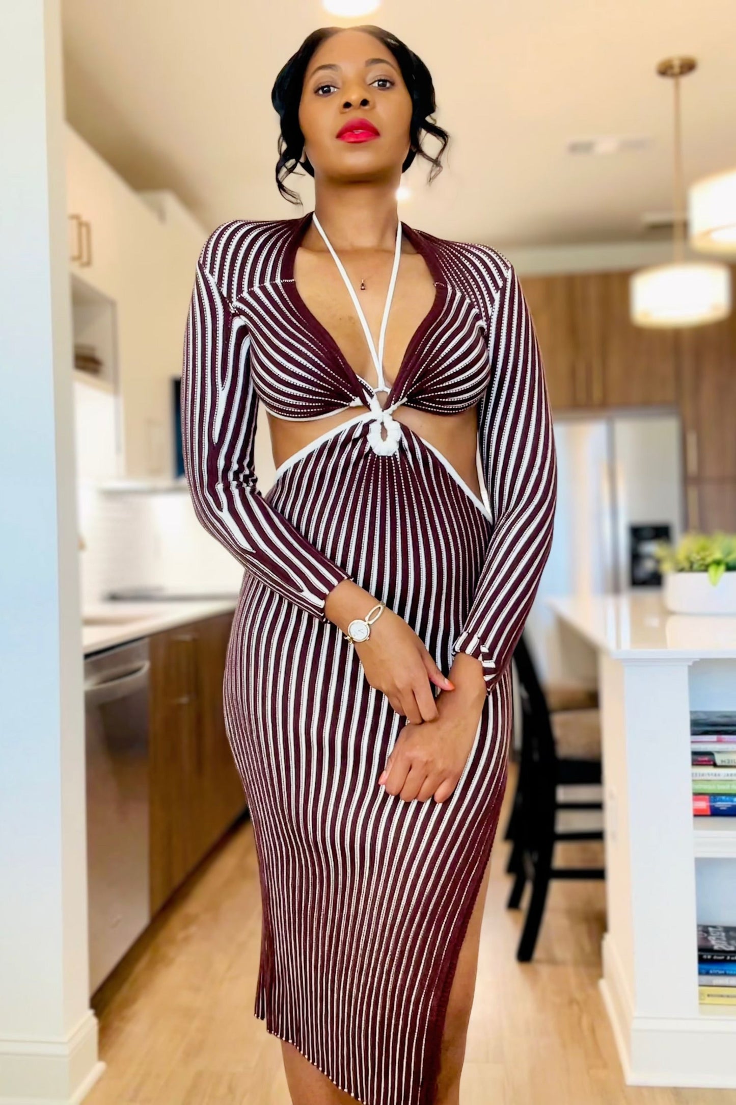 Koko Brown Long Sleeve Cutout Maxi Knit Dress.