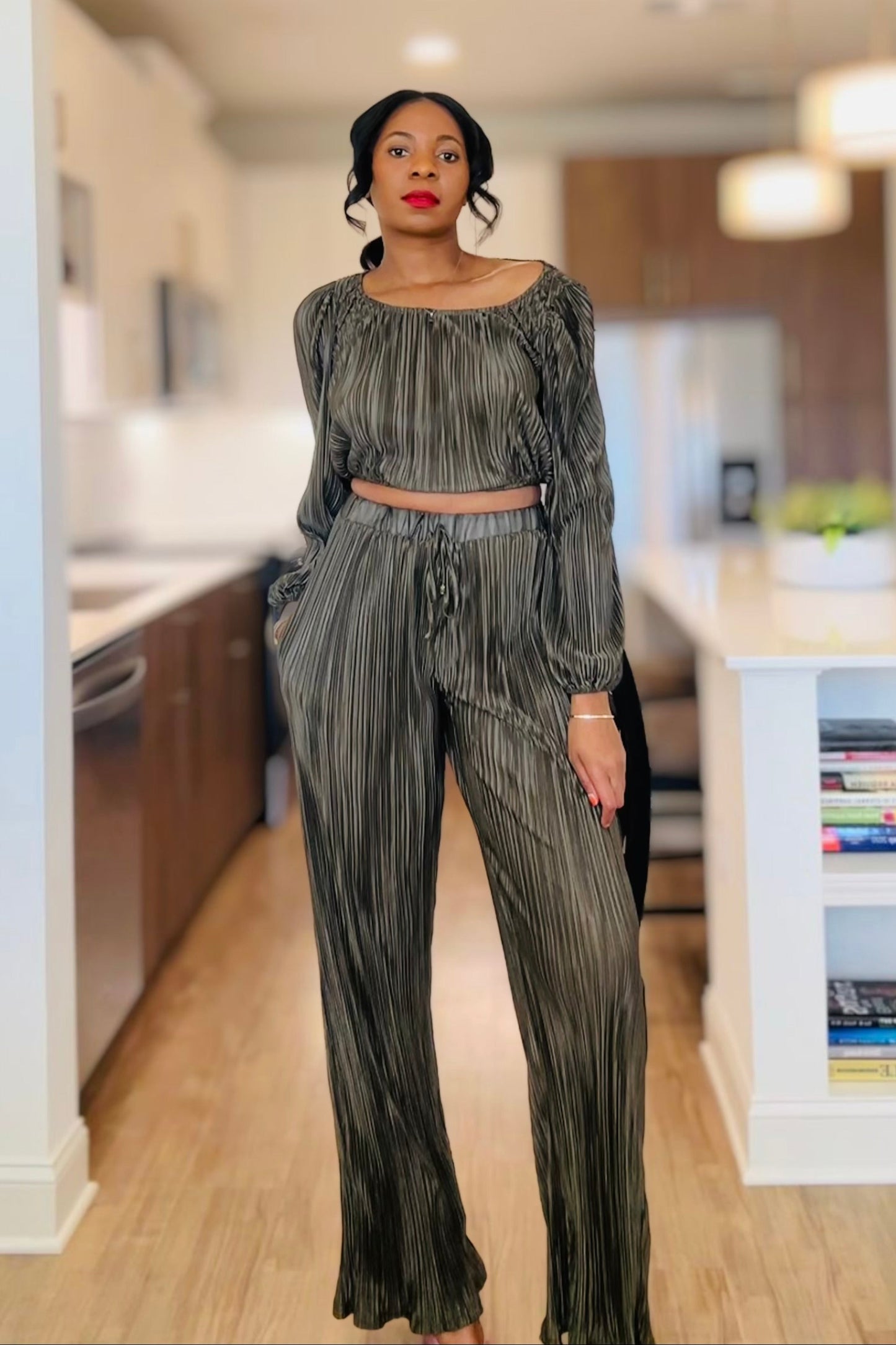 Pleated olive green Top And Pant Set