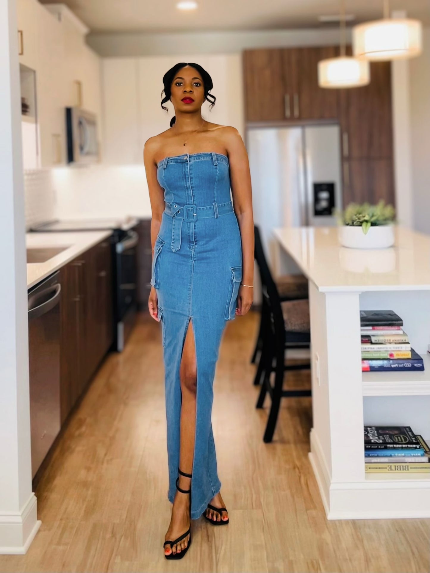 Cargo Denim Strapless Dress With Belt