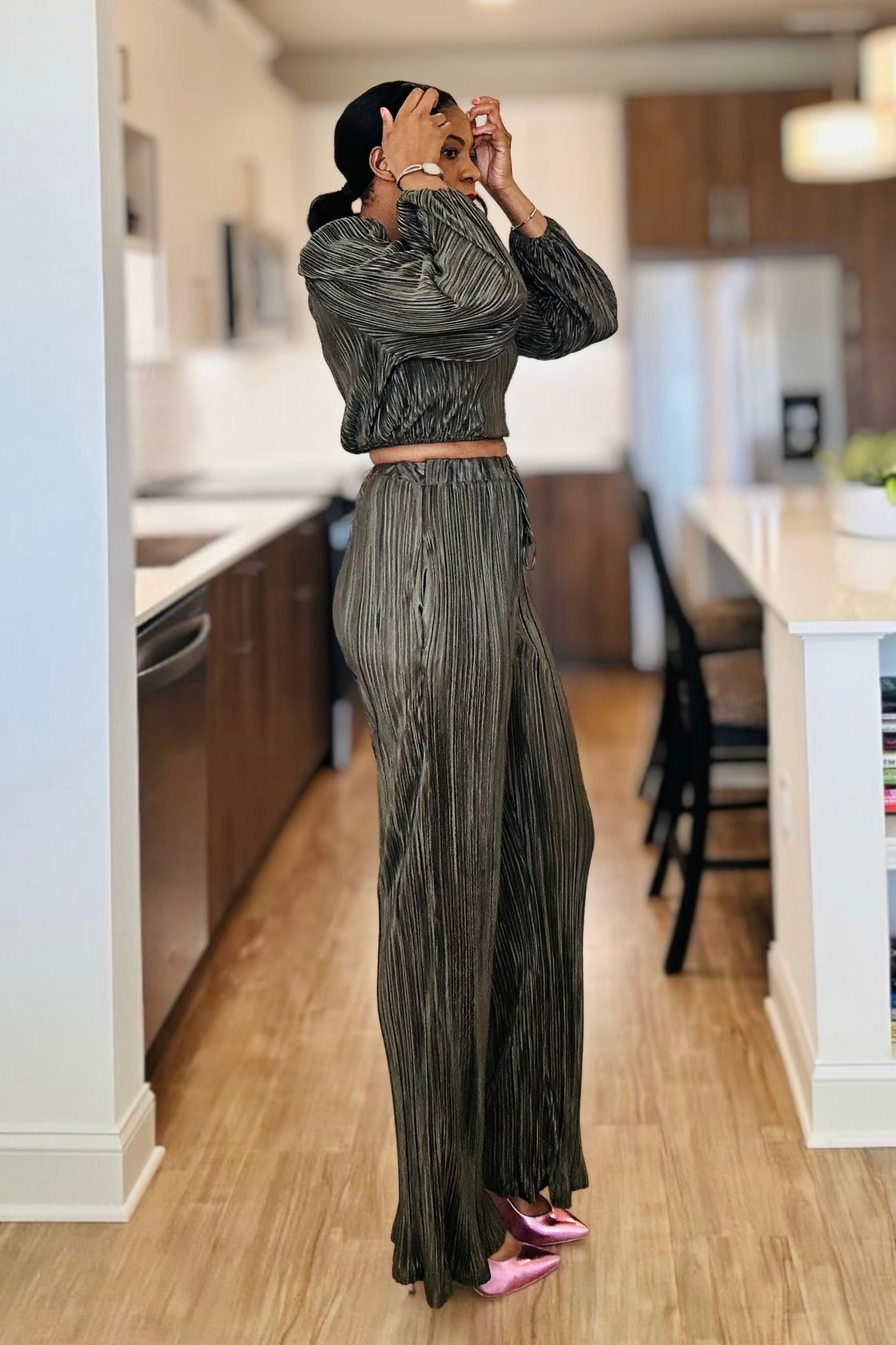 Pleated olive green Top And Pant Set