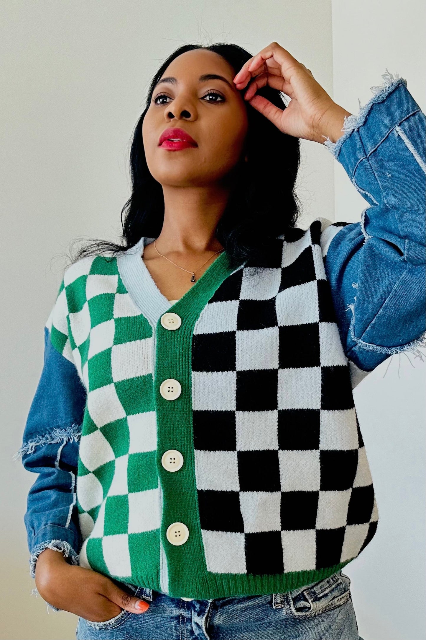 Checkered And Denim Cardigan