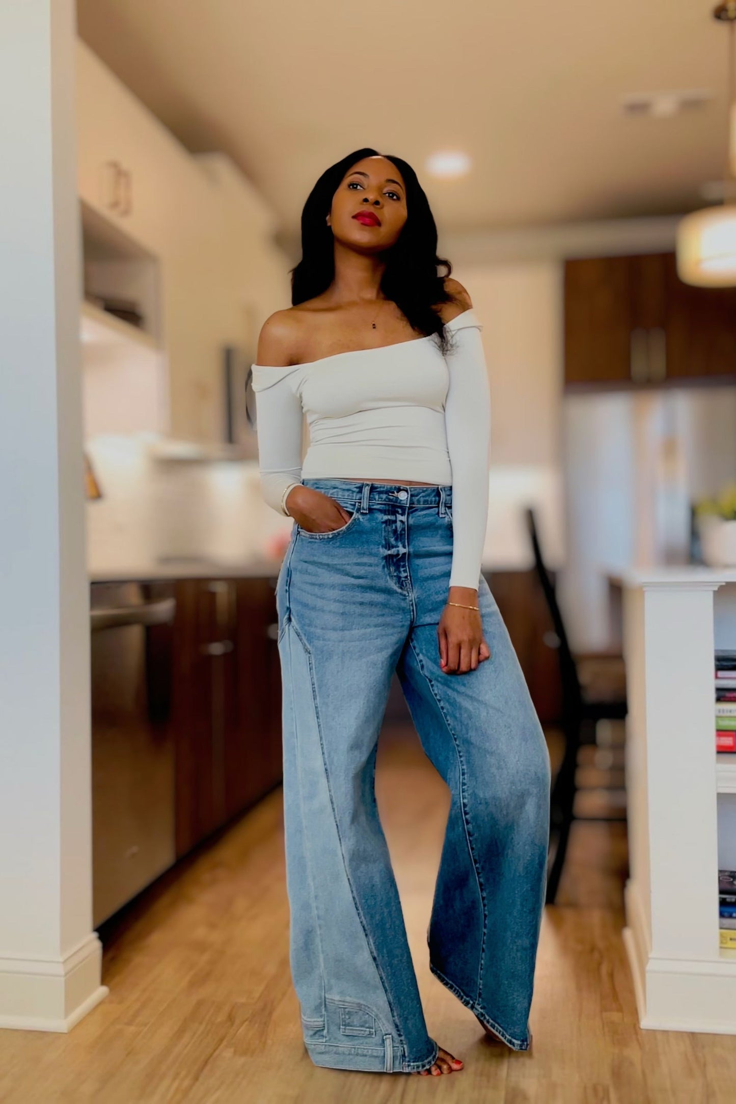 High Rise Two-Tone Wide Leg Jeans
