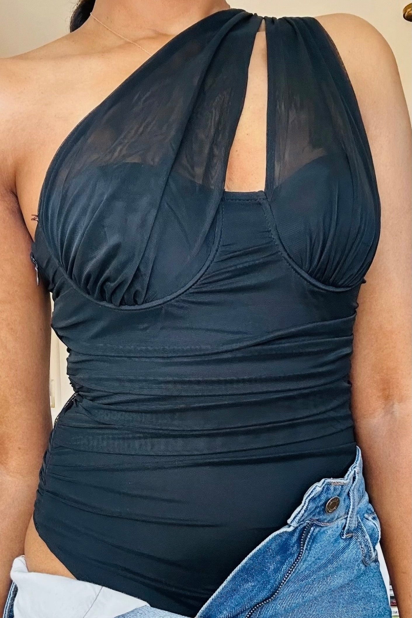 One Shoulder Detail Mesh Bodysuit