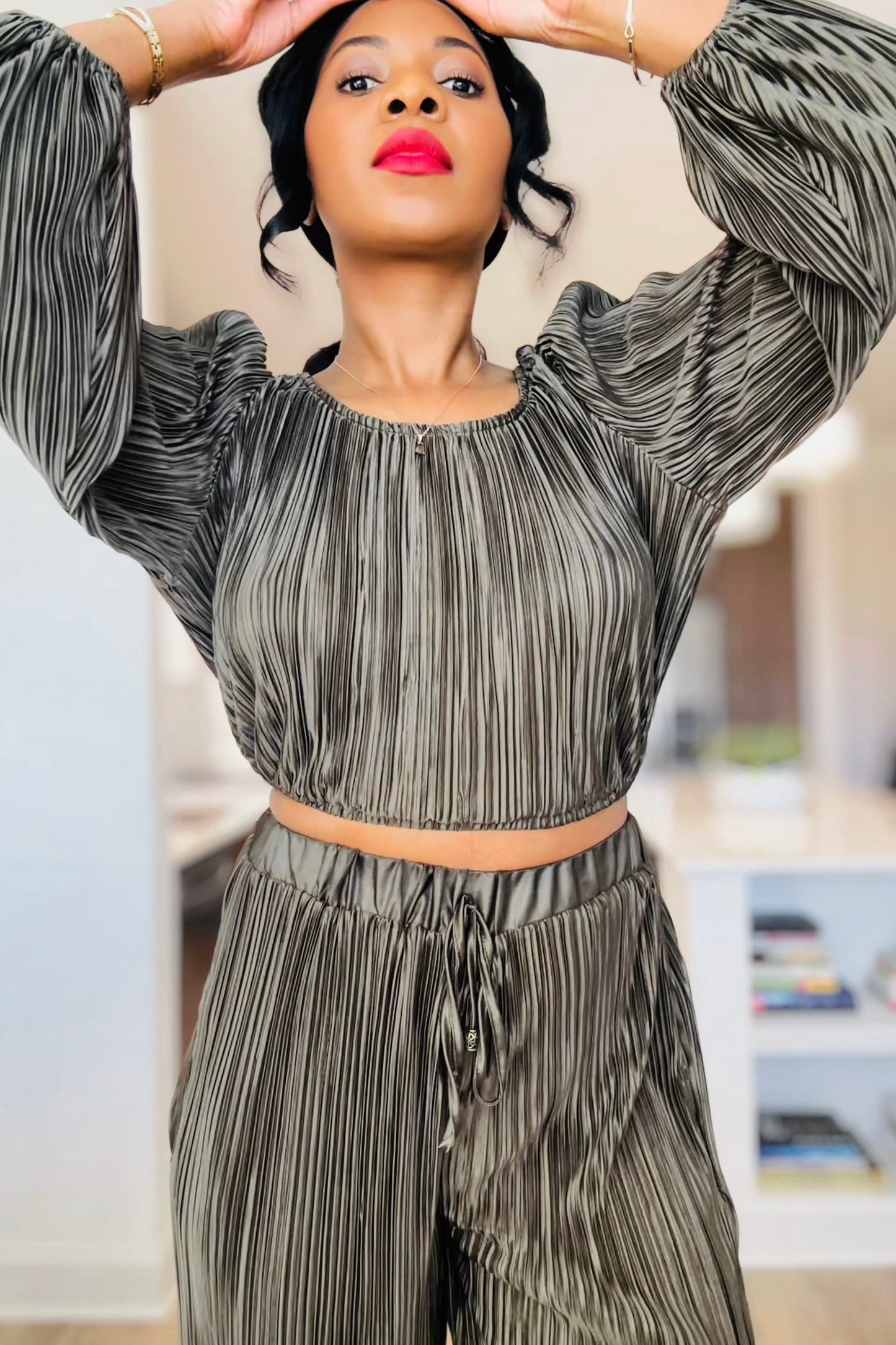 Pleated olive green Top And Pant Set