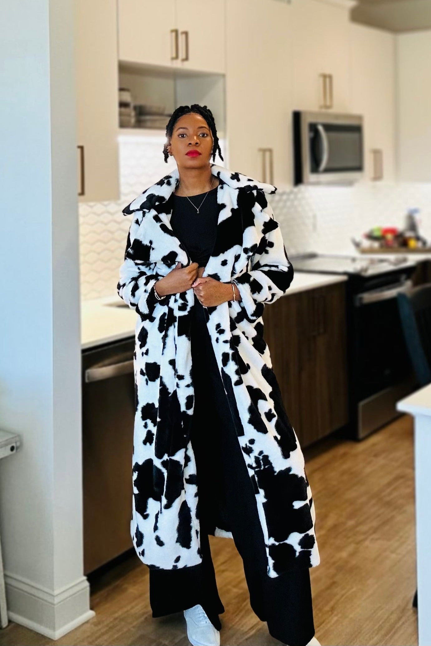 Chic Black And White Cow Print Coat