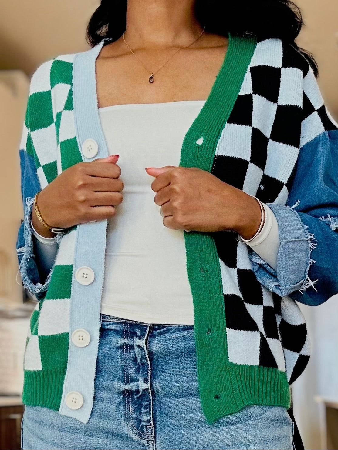 Checkered And Denim Cardigan