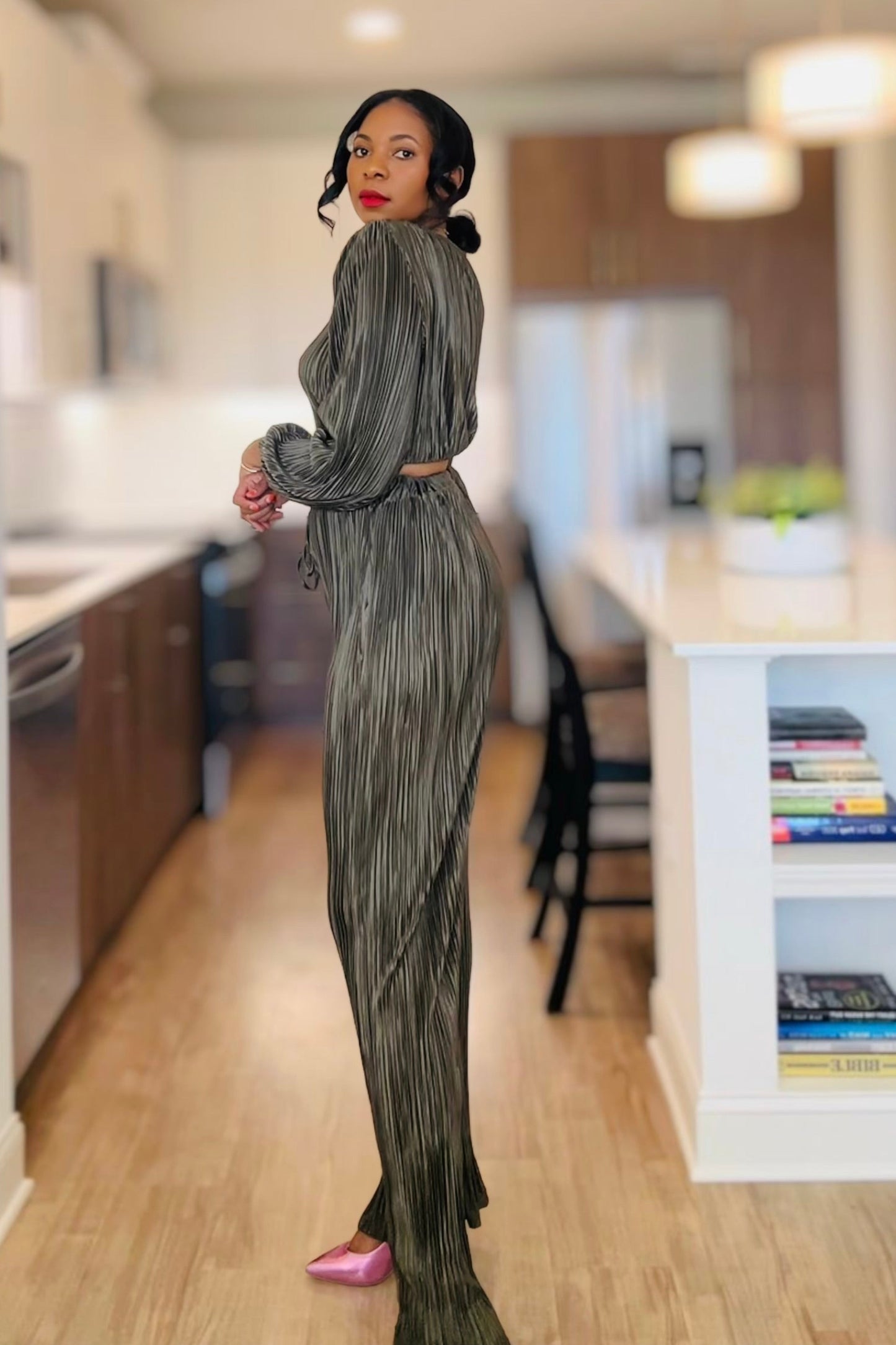 Pleated olive green Top And Pant Set