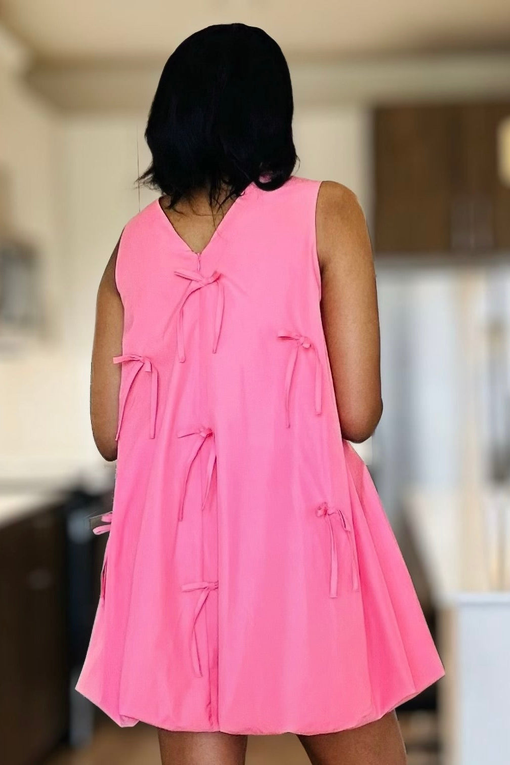 Pink Bubble Hem Ribbon Mini Dress