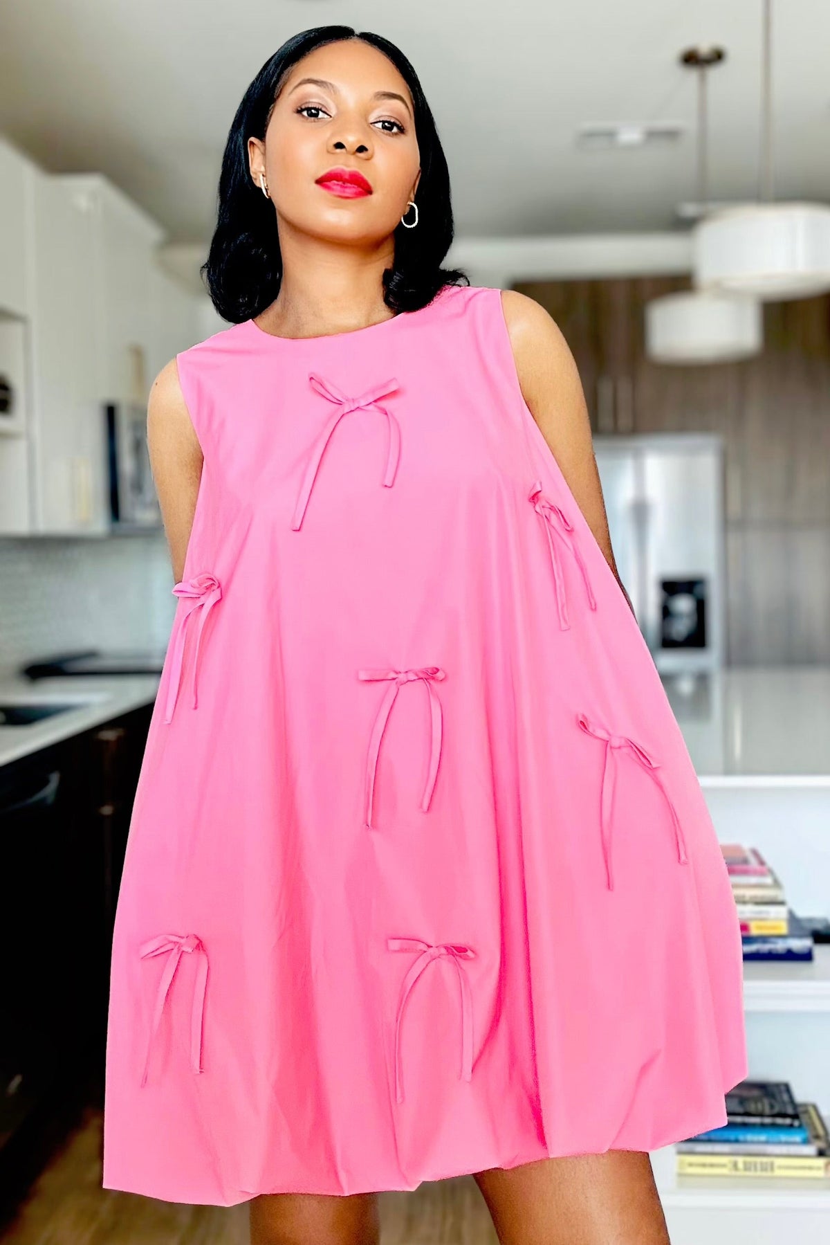 Pink Bubble Hem Ribbon Mini Dress