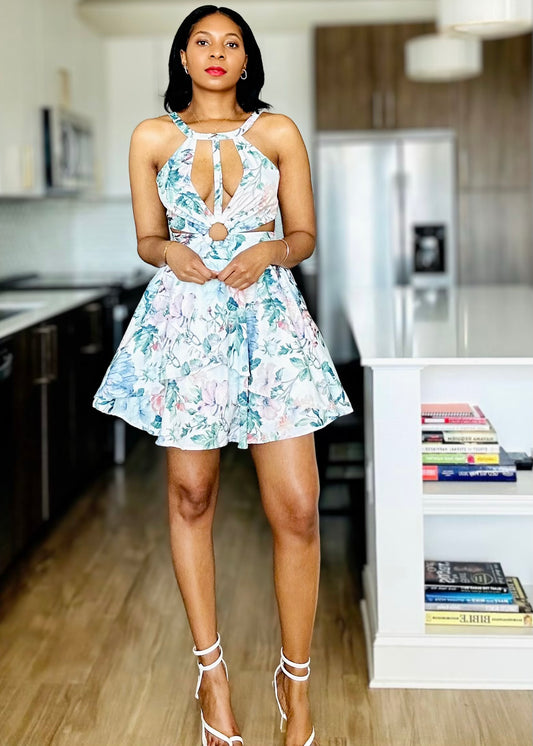 Jacard Cut out floral Mini Dress