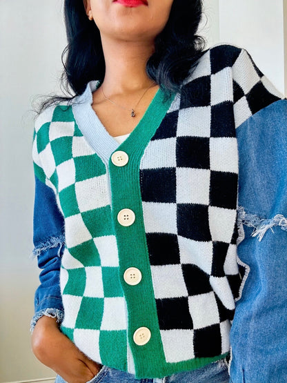 Checkered And Denim Cardigan