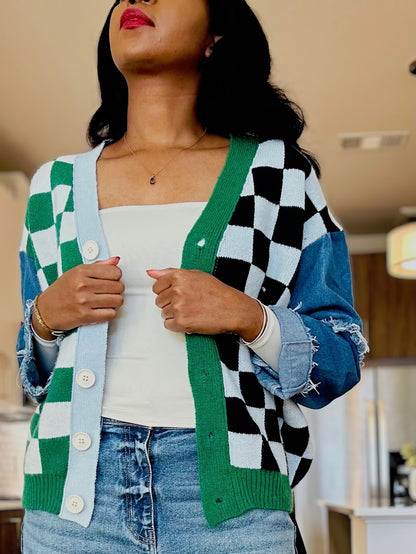 Checkered And Denim Cardigan