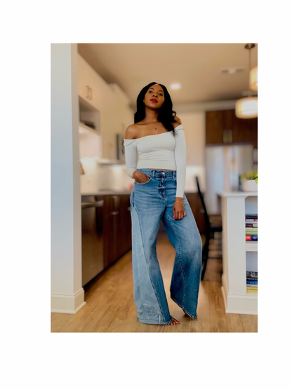 High Rise Two-Tone Wide Leg Jeans